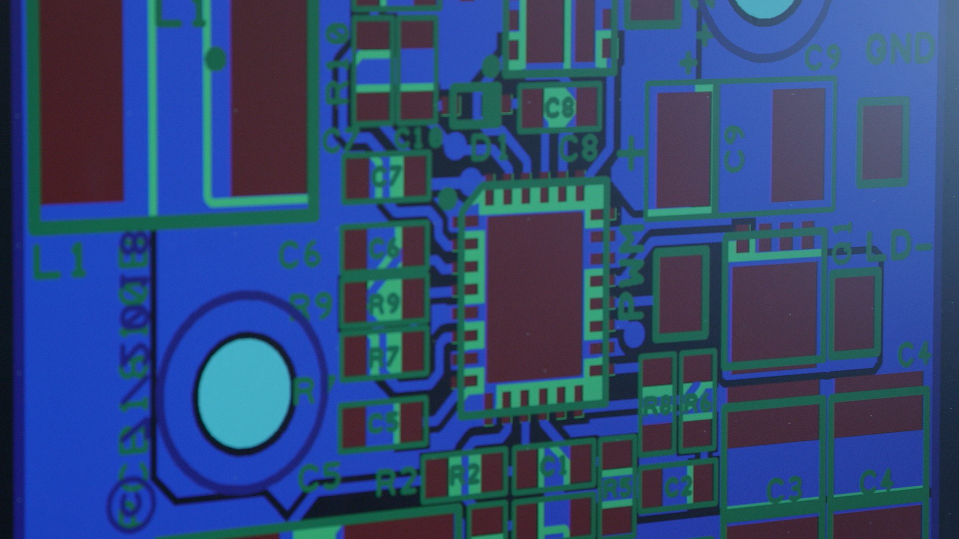 close up of a gerber file of a pcb board layout