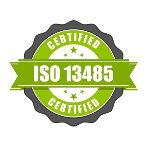 Green ISO 13485 standard certificate badge for medical devices against a white backdrop. 