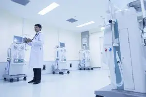 Doctor standing in a hospital room surrounded by medical devices and equipment. 