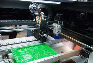 A machine with a printed circuit board in production. 