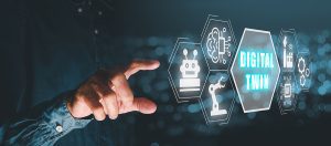 Closeup of a finger pointing at a digital twin concept 