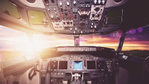 Overview of the interior of an aircraft. Point of view from the pilot. 