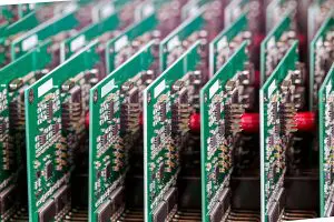 Closeup view of a batch of printed circuit boards.